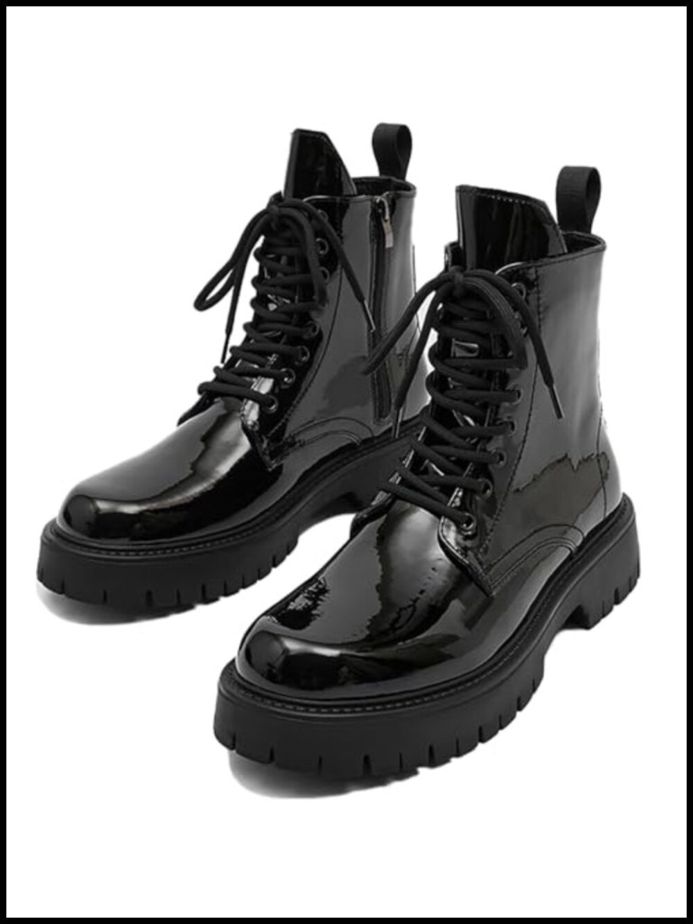 Black Patent Leather Platform Combat Boots Lace Up Side Zipper Chunky Heel